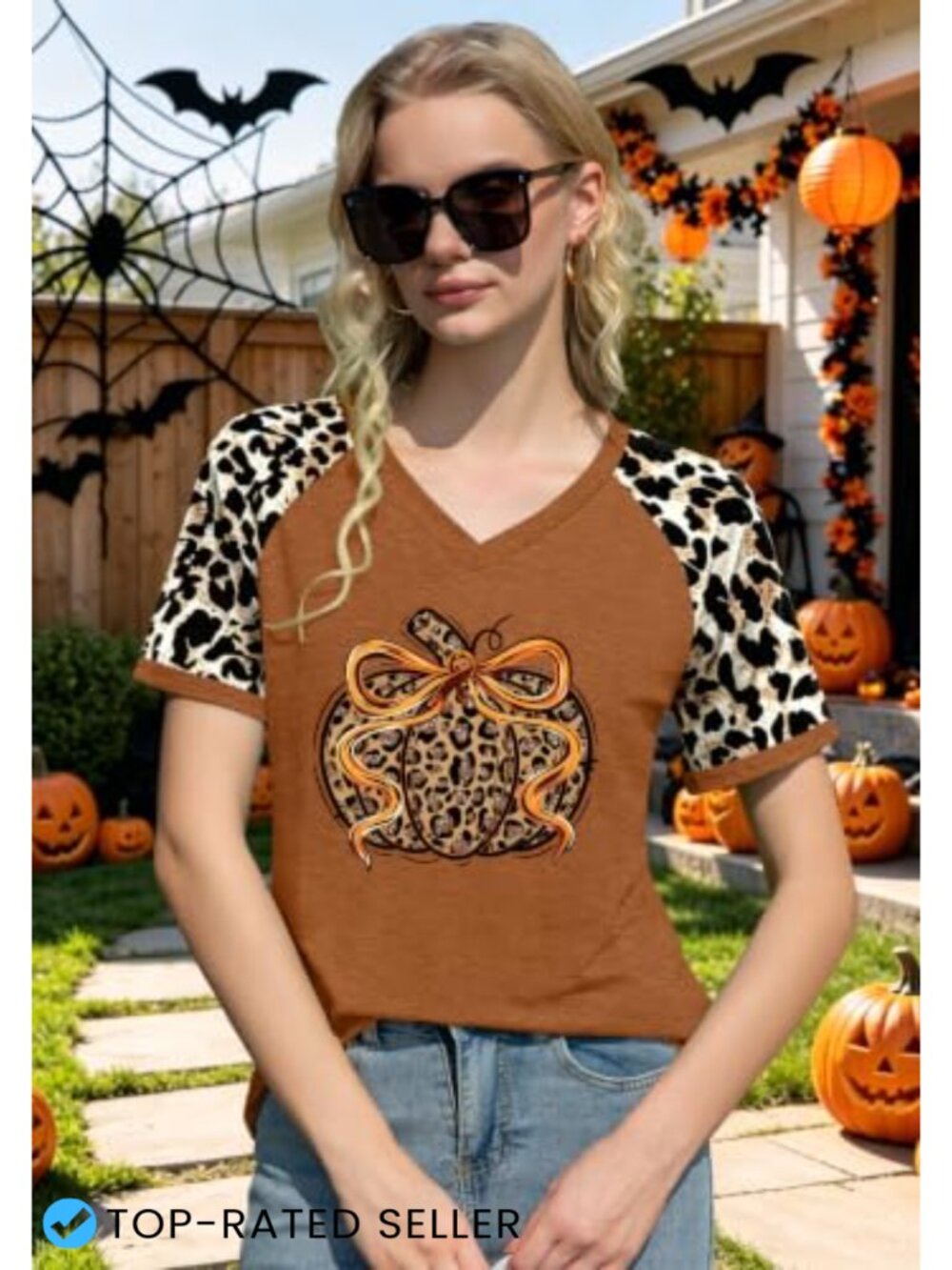Women's Halloween Ghost Pumpkin V-Neck Leopard Plaid Raglan T-Shirt - Picture 4 of 6